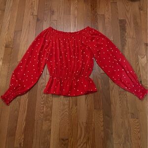 Red White Heart Print Long Sleeve Smock Blouse Women Size S